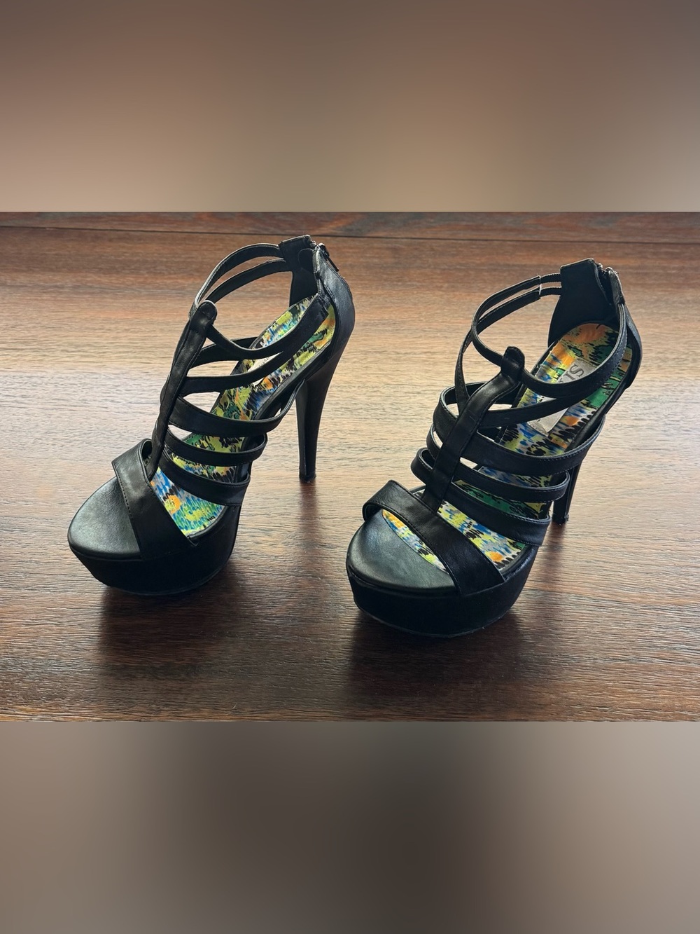 Shi by JOURNEYS Black Strappy Platform Stiletto Heels with Multicolor Insole
